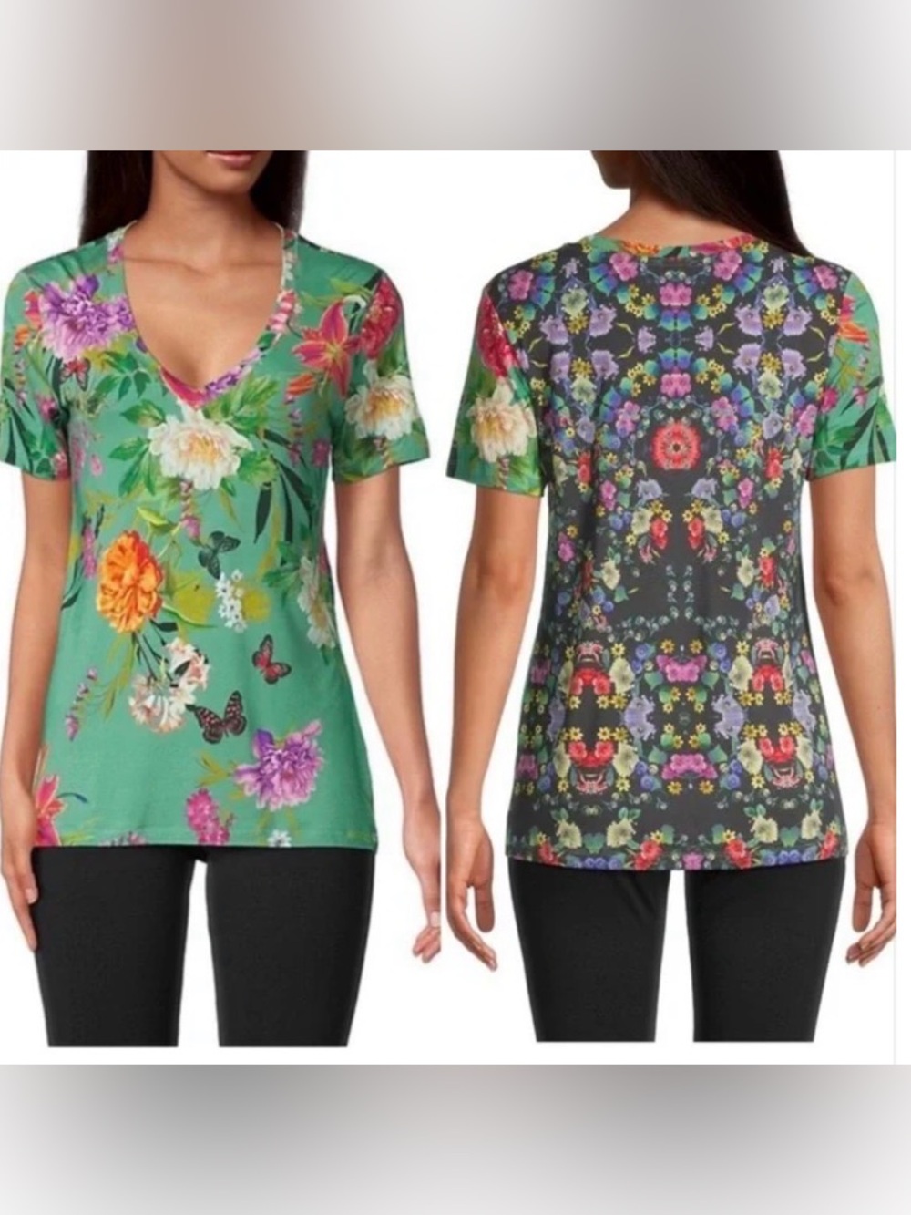 Johnny Was Panya 
Floral V-Neck Short Sleeve Top - Green